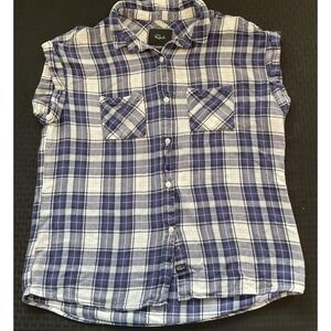 Rails Shirt Womens Large Blue White Plaid Button Down Cap Sleeve Double Pocket